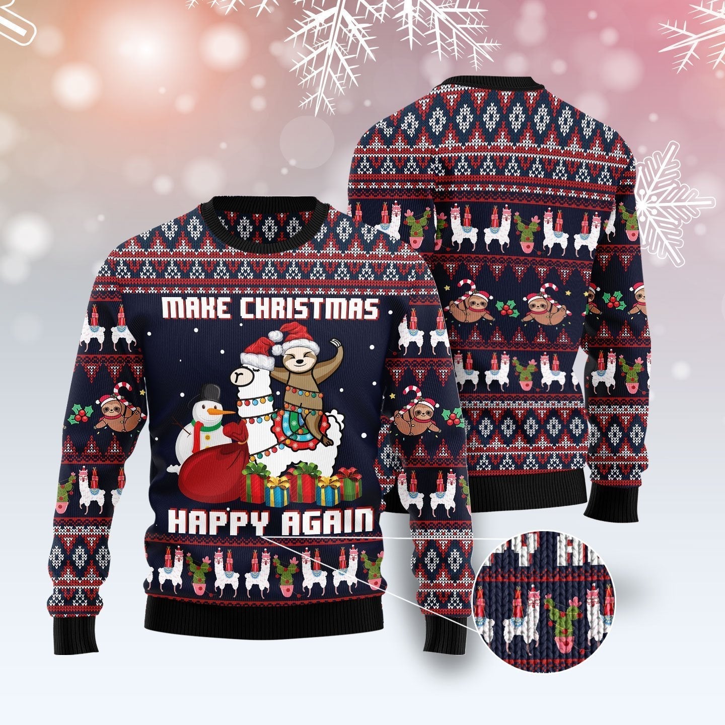 Unifinz Llama Christmas Ugly Sweater Llama And Sloth Make Christmas Happy Again Sweater 2022