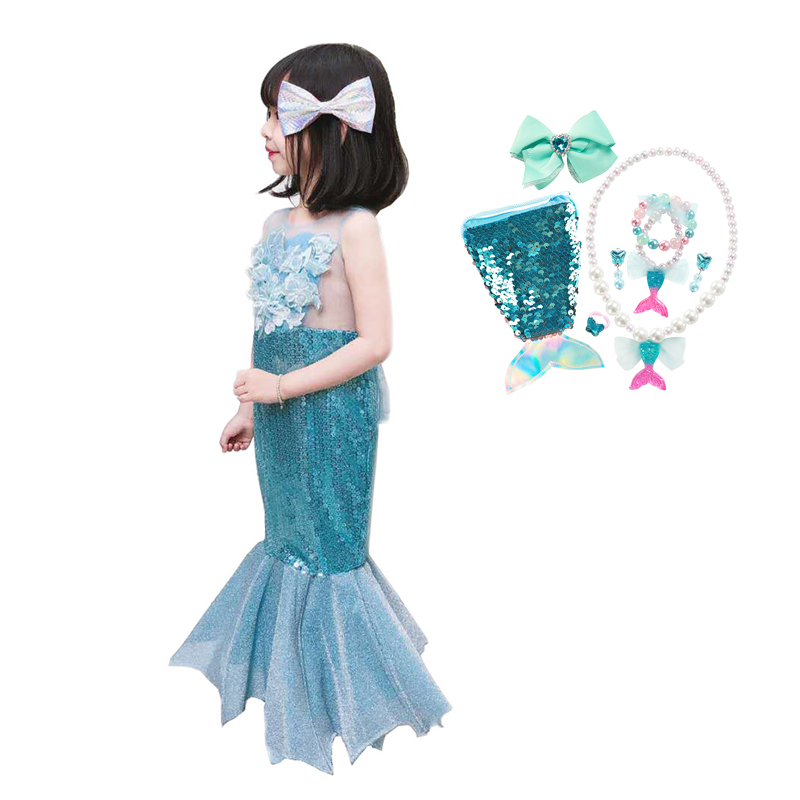 VOGUEON Mermaid Princess Girls Dress Sequins Fashion Fish Tail Dresses Birthday Wedding Party Ball Gown Kids Clothing Costume alx