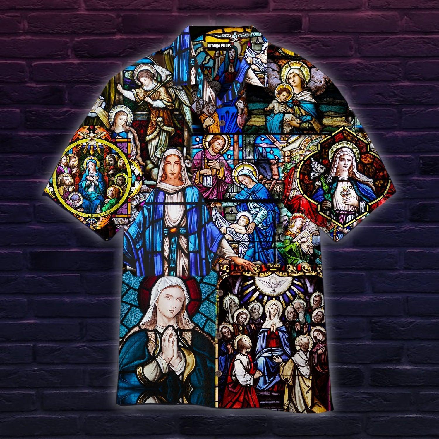 Mary’S Coronation Religious Stained Glass Jesus Hawaiian Shirt