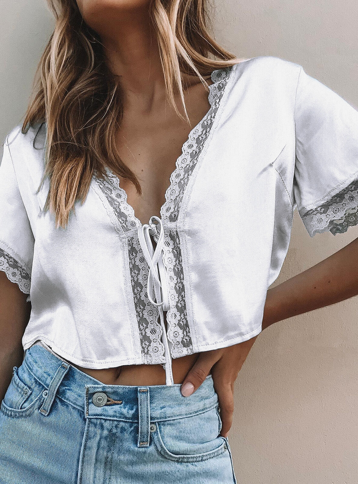 Women Loose Crop Tops Shirt Thin Cardigan Lace Silk Satin Short Sleeve V-nevk Outwear for Female Tee Tops Streetwear alx