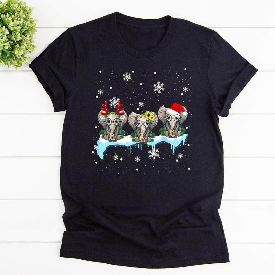 Merry christmas elephant group snow winter elephant lover xmas holiday black cotton t shirt for men and women S-6XL