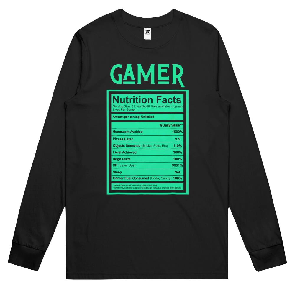 Nutritional Facts Shirt, Gamer Nutrition Facts Shirt, Funny Gamer Nutrition Fact Nutritional Facts Gamers Gaming Long Sleeve T Shirts