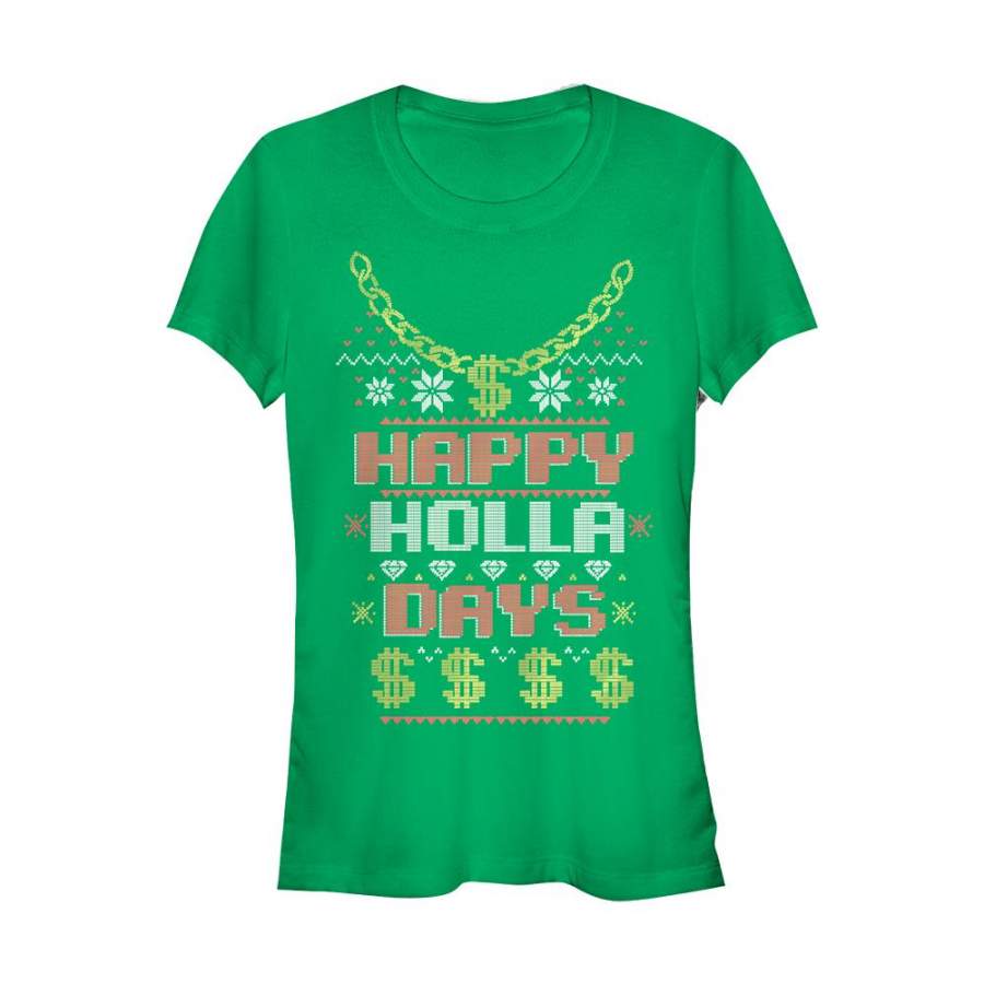 Lost Gods Junior’s Ugly Christmas Happy Holla Days  T Shirt Kelly Green