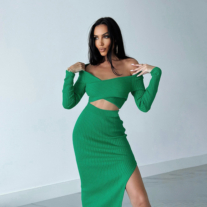 Crop Tops Sexy Ribbed 2 Piece Skirt Sets Women Outfits Fall Criss Cross Off Shoulder Top Maxi Elegant Casual Slit Long Dress alx