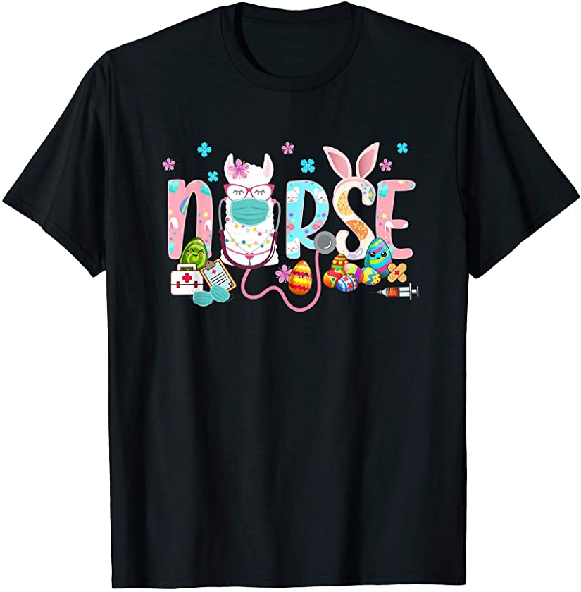 Cute Colorful Nurse Llama Bunny Eggs Stethoscope Easter Day T-Shirt