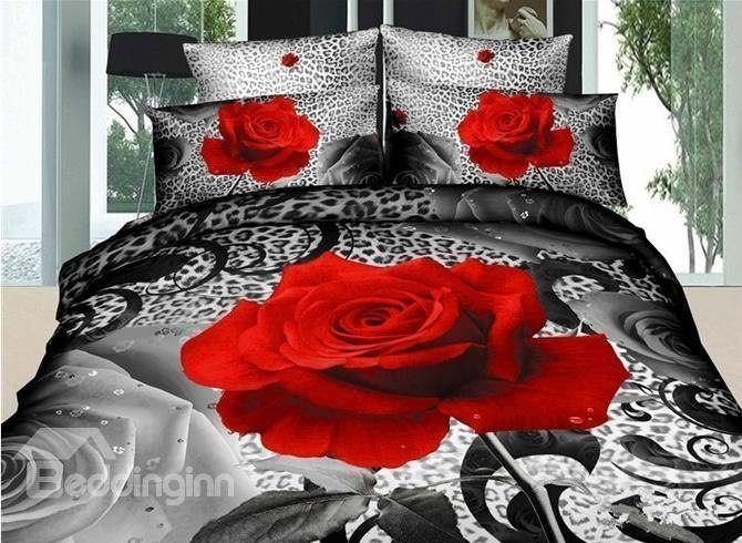 3D Red Rose And Leopard Dhcdhc Dhc2310 Bedding Set