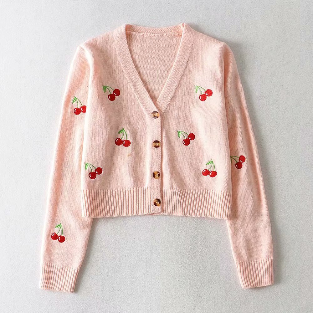 Vintage Cherry Cardigan Women Sweater V Neck Knitted Sweaters Sweet Coats Long Sleeve Embroidery Cardigans Casual Knitwear 2021 alx