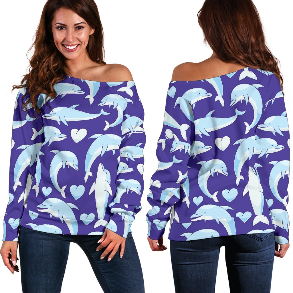 Dolphin Smile Print Pattern Off Shoulder Sweatshirt