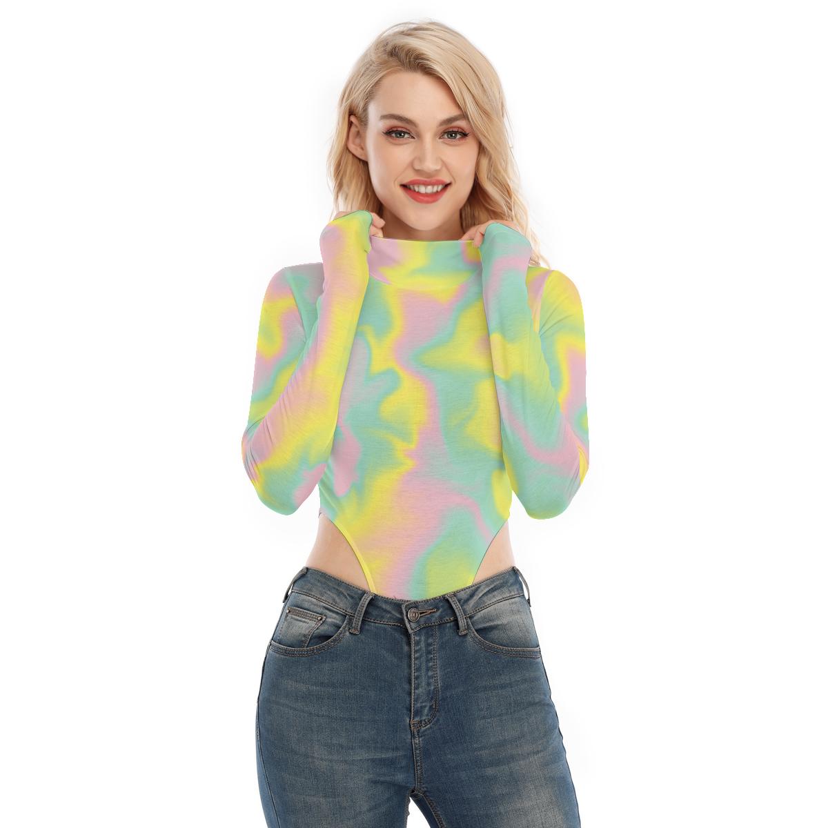 Yellow Pink Ombre Candy Cloud Print Women’S Turtleneck Long Sleeve Bodysuit Jumpsuits Catsuits