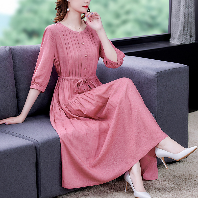 2022 Spring New Pink Fashion Cotton and Line Midi Dress Autumn Korean Vintage Casual Vestidos Women Elegant Bodycon Solid Dress alx