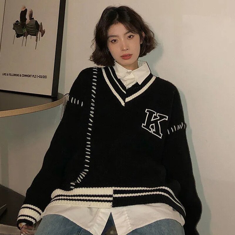 Winter Keep Warm Elegant Sweater Women V Neck Long Sleeves Knit Sweater Loose Casual Jumpers Korean Street Lady Clothes New alx