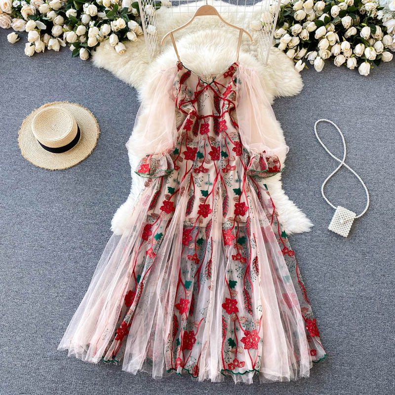 Banulin 2021 New Women’s Spring Summer Runway Red Flower Embroidered Boho Long Dress Ladies V-neck Flare Sleeve Mesh Party Dress alx