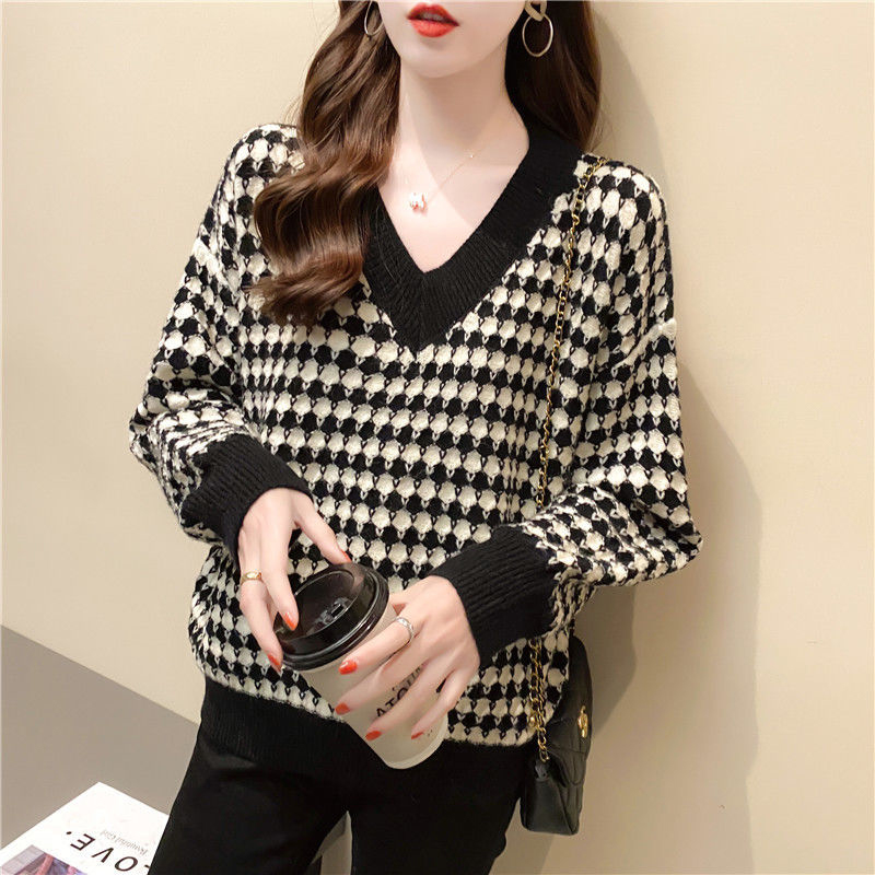 Autumn Winter V-neck Casual Fashion Printing Loose Sweater Top Women Korean Style All-match Knitting Pullover Long Sleeve Jumper alx