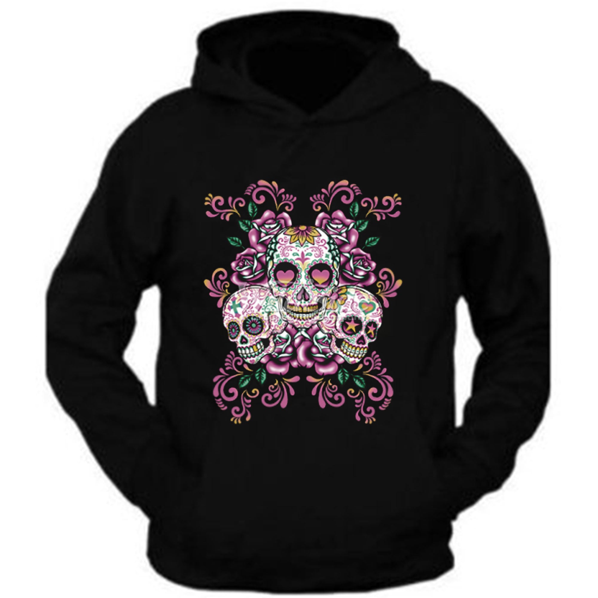 3 Sugar Skull Roses Eyes Day Of The Dead Hoodie Mexican Gothic Los Muertos Tee