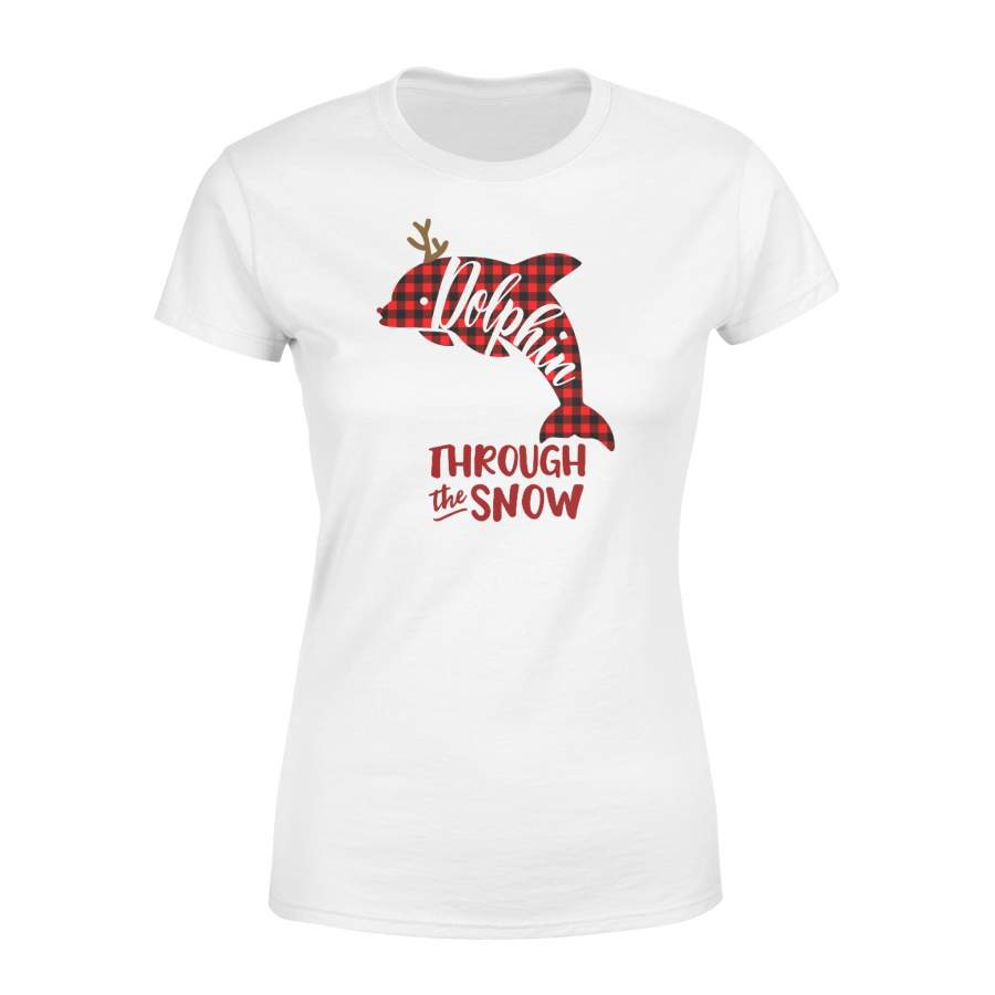 Through The Snow Christmas Dolphin Red Plaid Women’s T-shirt