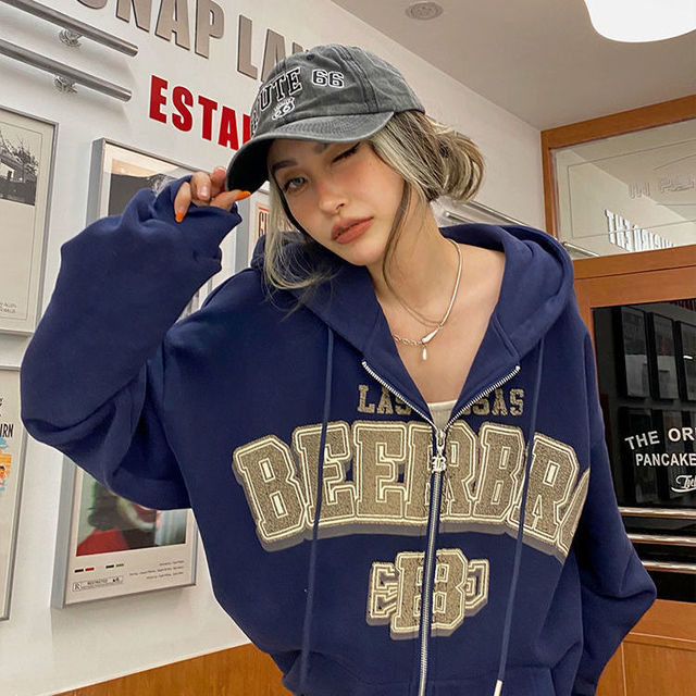 Cute Bear Ears Hoodies Women Vintage Streetwear Patchwork Plaid Sweatshirt Women Loose Casual Zip Up Hoodie Clothes Tops alx