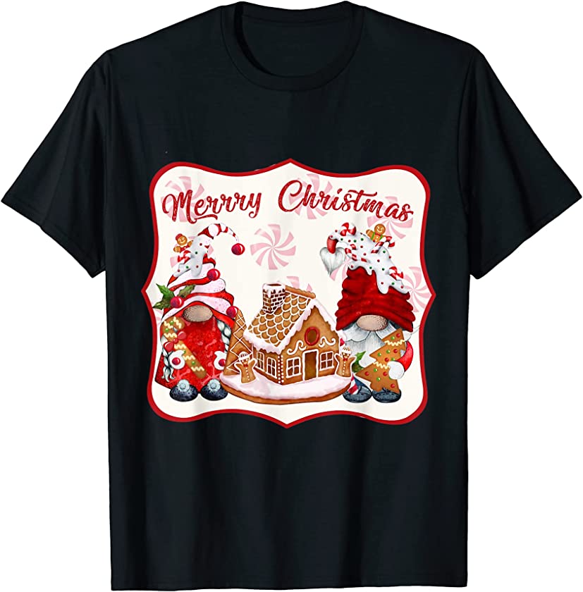 Merry Christmas Santa Gnomes with Candy Cane Gingerbread T-Shirt