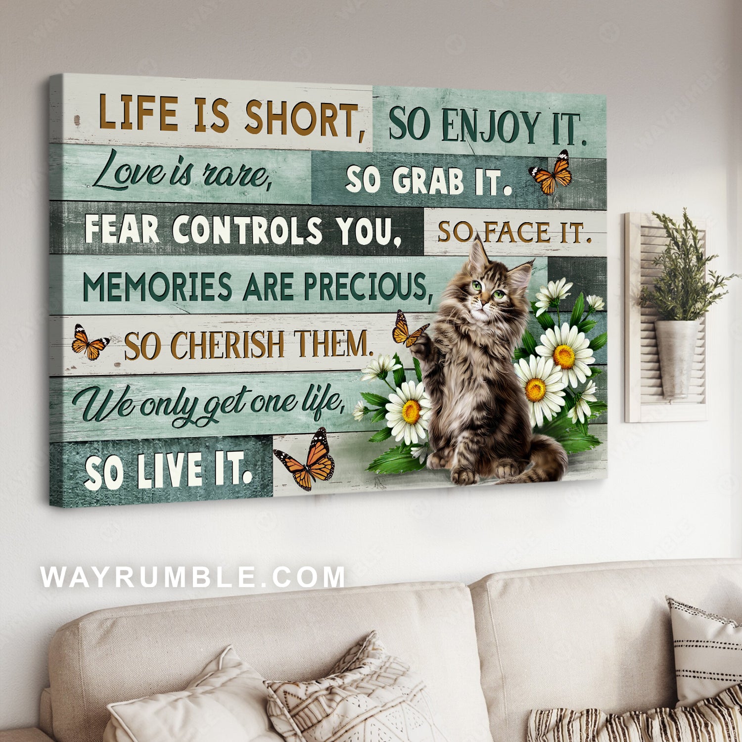 Tabby Kitten, Daisy Flower, Orange Butterfly, Life Is Short So Enjoy It – Jesus Landscape Canvas Prints, Christian Wall Art