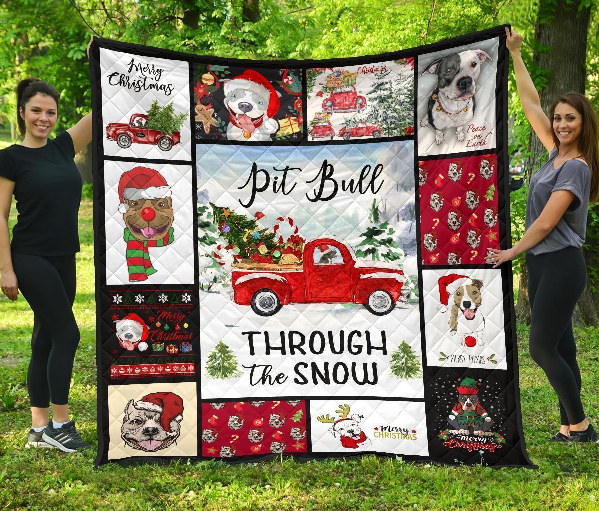 Through The Snow Pit Bull Quilt Blanket Xmas