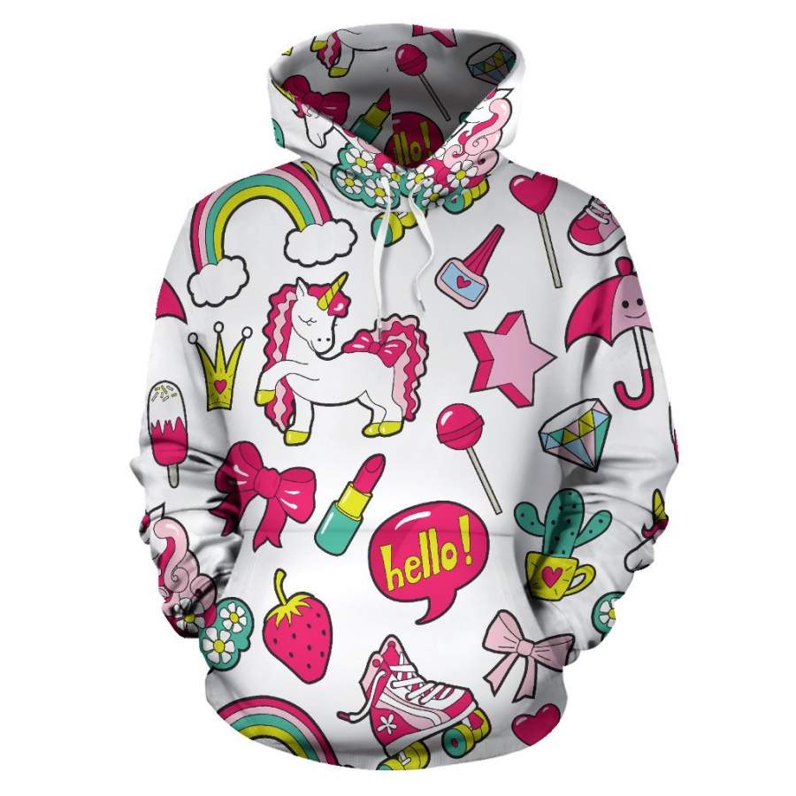 White Girly Unicorn Pattern Print Pullover Hoodie