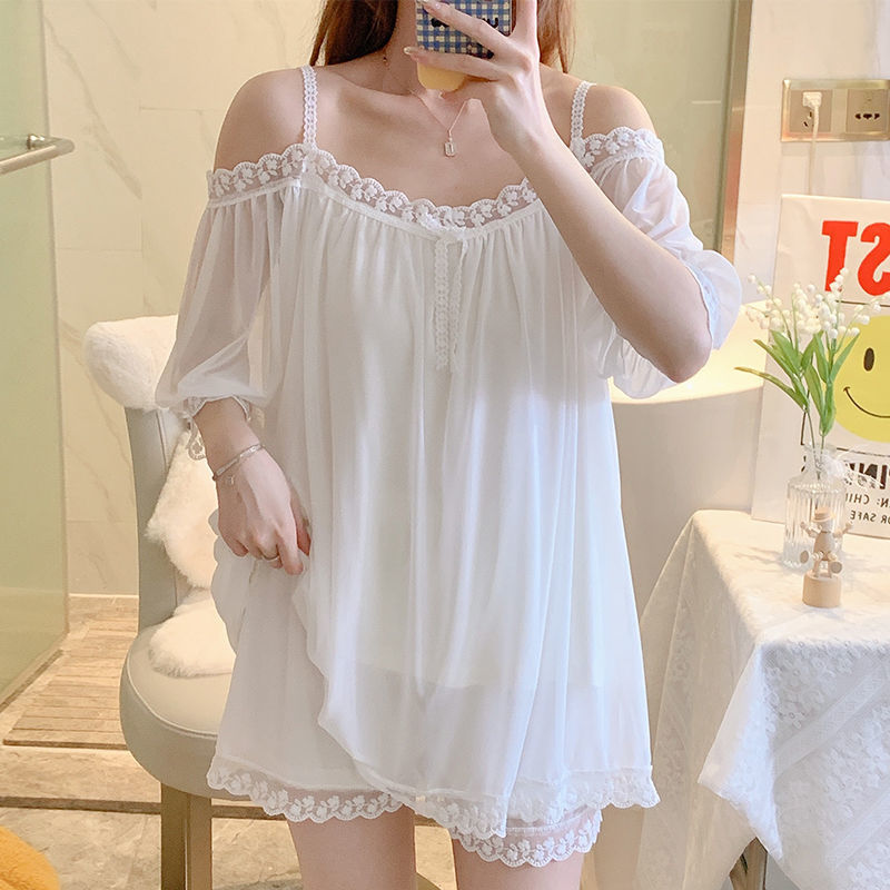 Sweet Mesh Night Dress Women Fairy White Off Shoulder Long Sleeve Sexy Lace Peignoir Victorian Nightgown Sleepwear Lolita Nighty alx