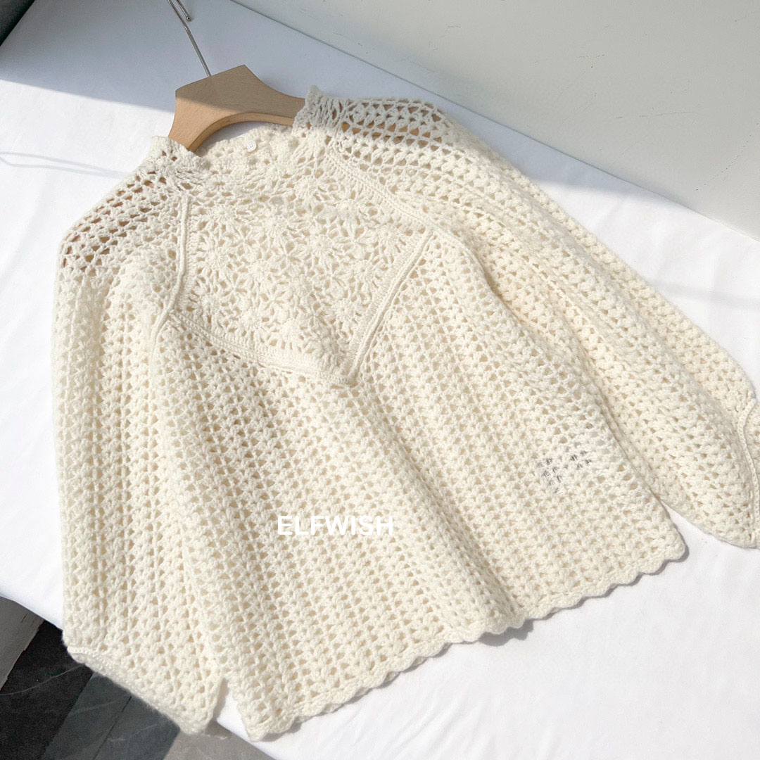 Woman Fashion Beige 100% Wool Crochet Floral Sweater Hollow Out Detail Long Sleeves Drop Shoulder Sweet Pullovers Tops alx