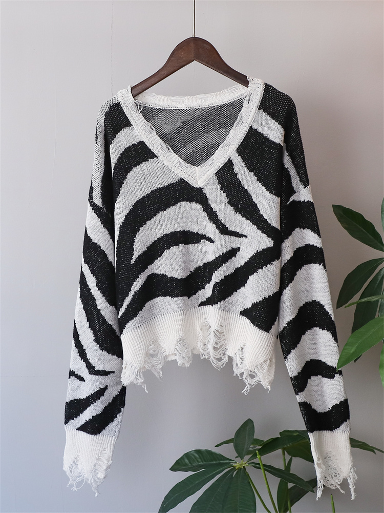 Syiwidii Zebra Striped Oversized Sweater for Women Ripped Y2k Fashion Crop Knit Pullovers Long Sleeve V Neck Fall Winter Jumpers alx