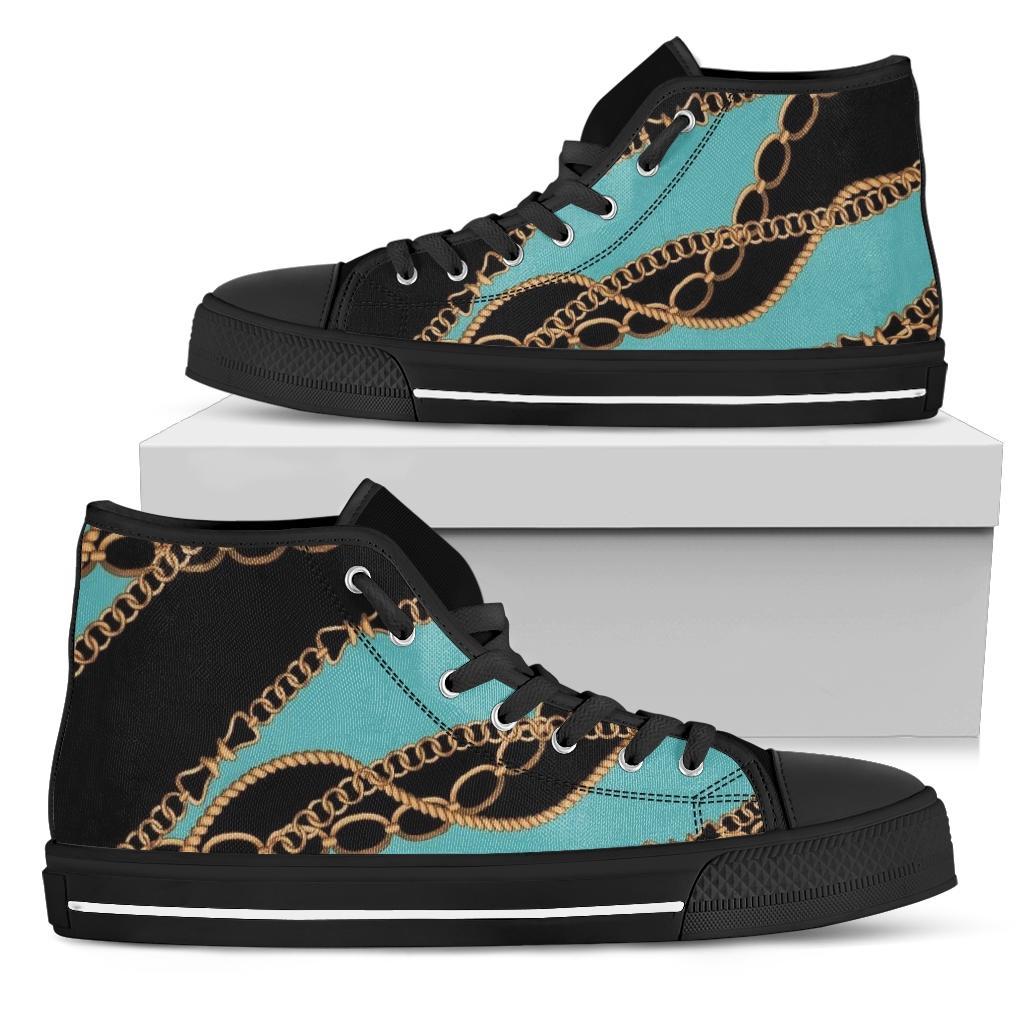 Teal Gold Chains High Top Sneaker Custom Shoes With Black Soles