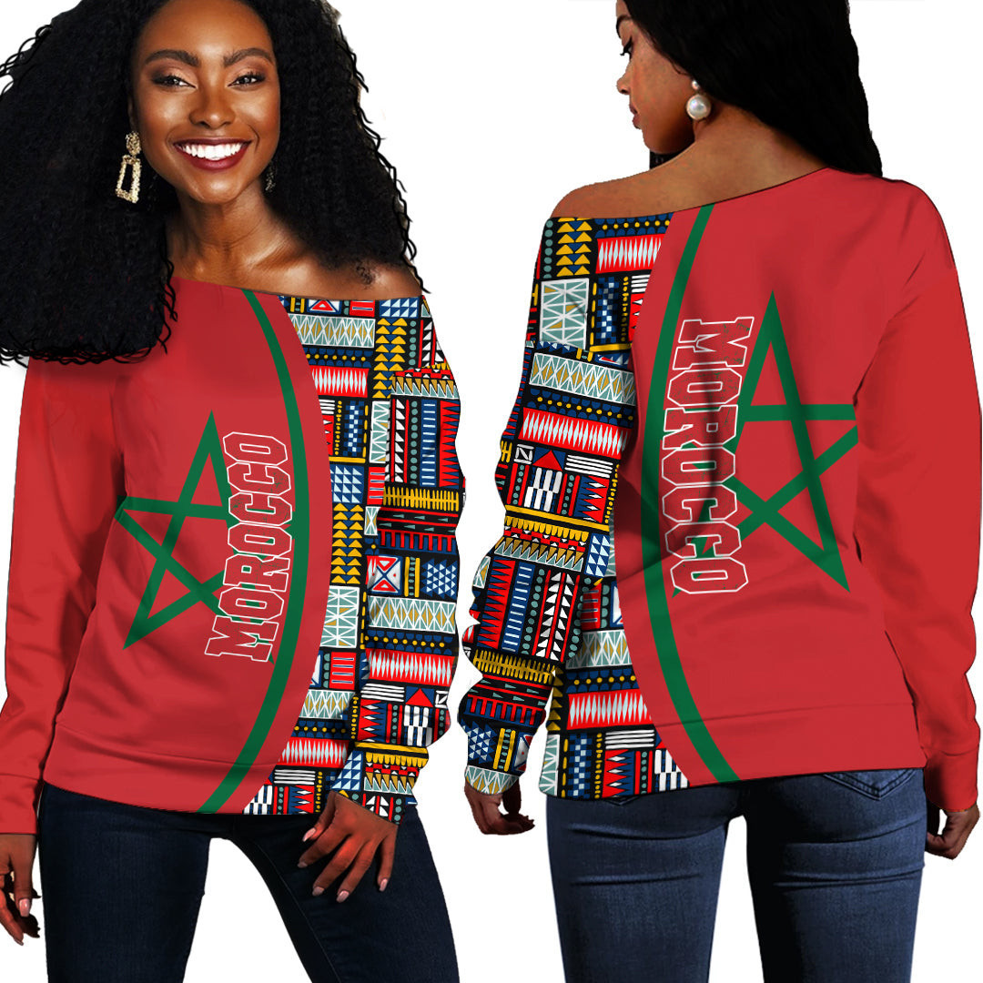 Africazone Clothing – Morocco Flag And Kente Pattern Special Women’S Off Shoulder Sweaters A35