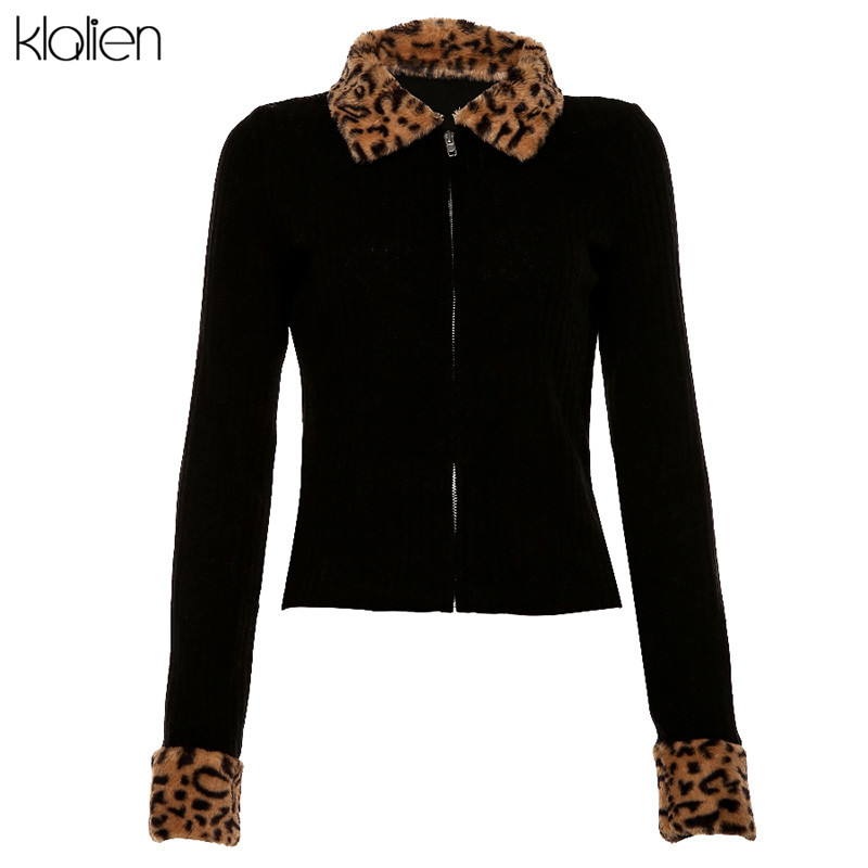 Autumn Leopard Fur Collar Ribbed Cardigan Women Casual Sweater Y2K Long Sleeve Knitwear 2022 Spring Jumpers Knit Cropped Tops alx