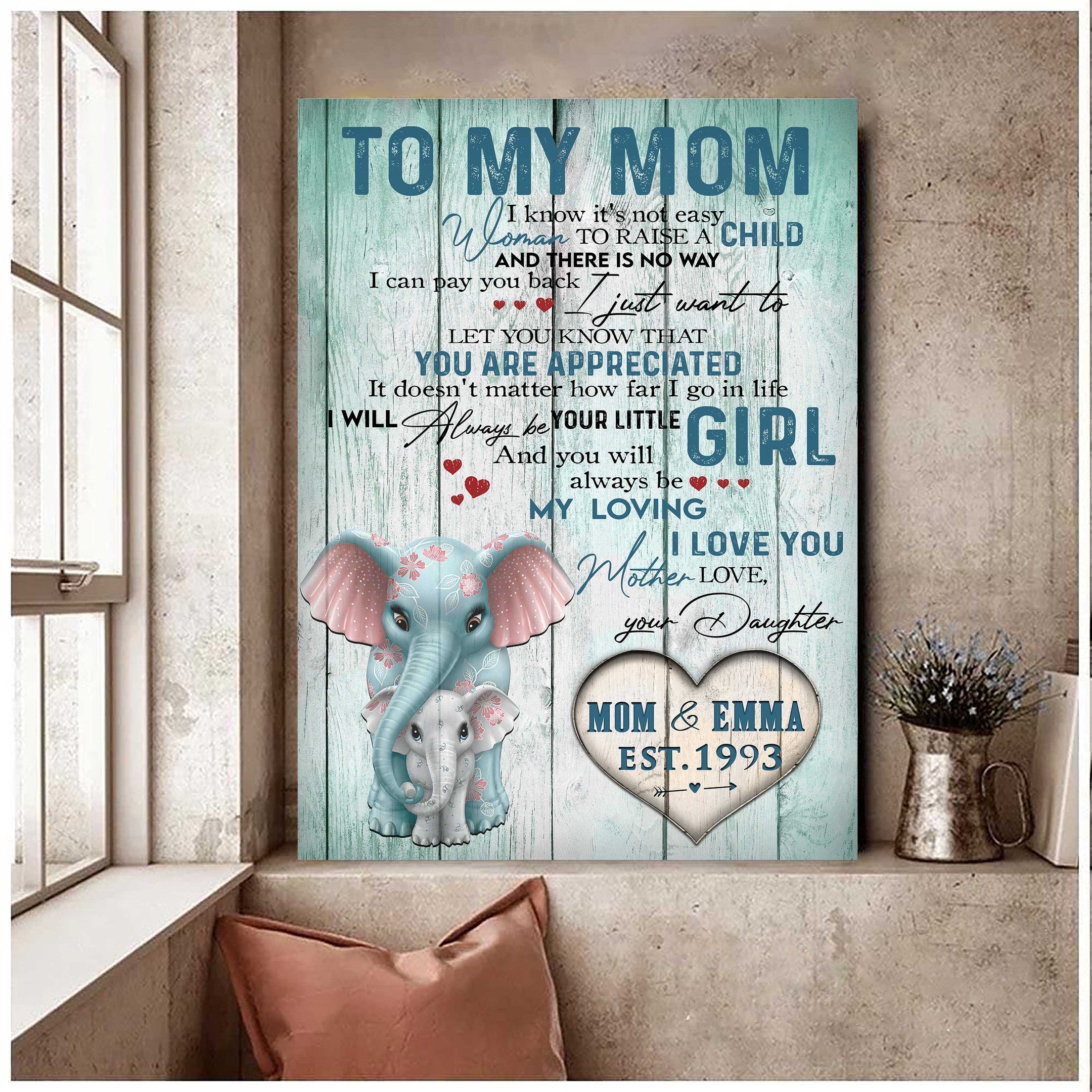 Personalized Elephant Mother, To My Mom Elephant Canvas From Daughter For Bedroom Decor