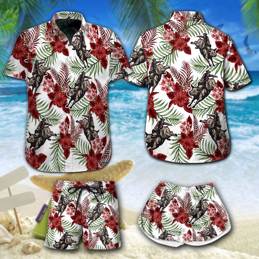 Red Tropical Leaves Bull Riding Hawaii Set Summer Holiday Ha92048