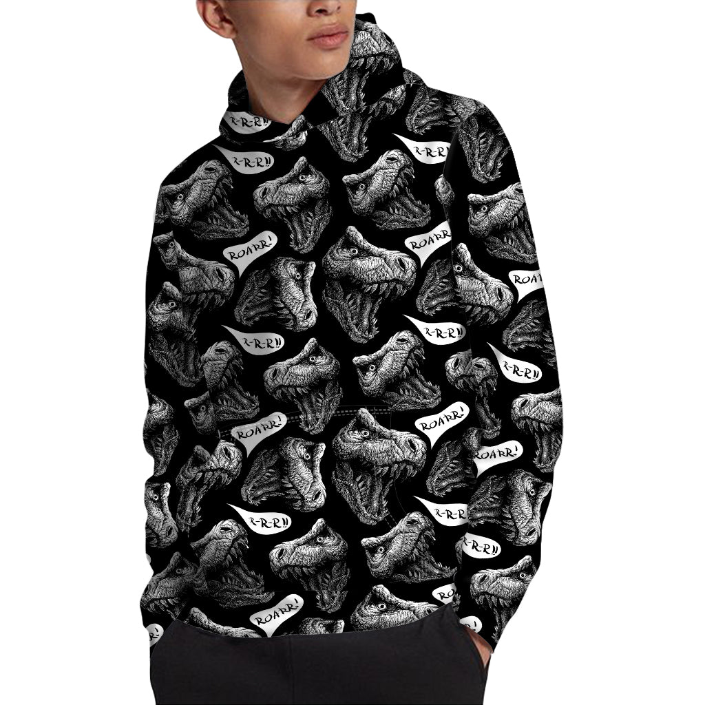 Black And White T-Rex Dinosaur Print Pullover Hoodie