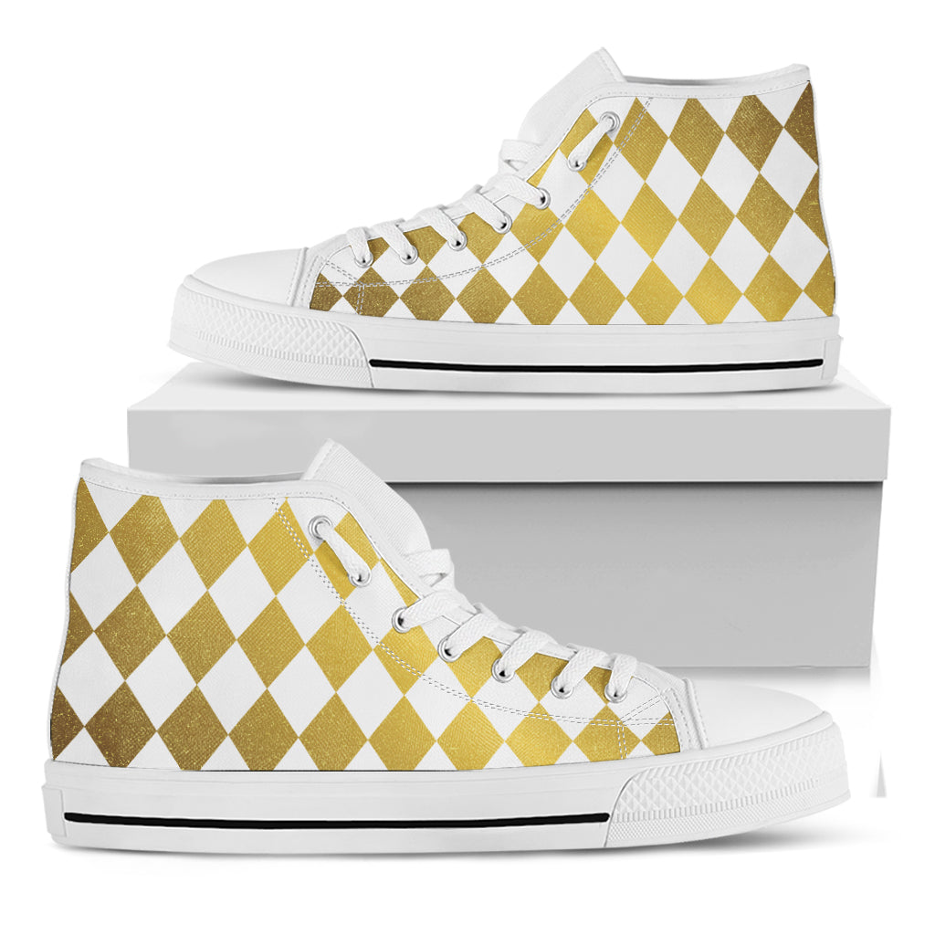 White And Gold Harlequin Pattern Print White High Top Shoes