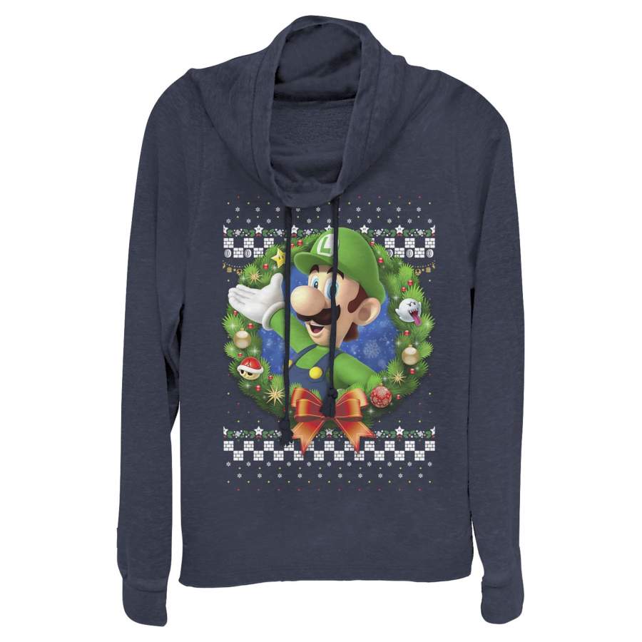 Nintendo Junior’s Christmas Luigi Wreath  Cowl Neck Sweatshirt