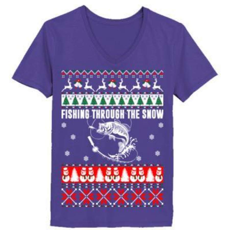 AGR Fishing Through The Snow Ugly Christmas Sweater – Ladies’ V-Neck T-Shirt