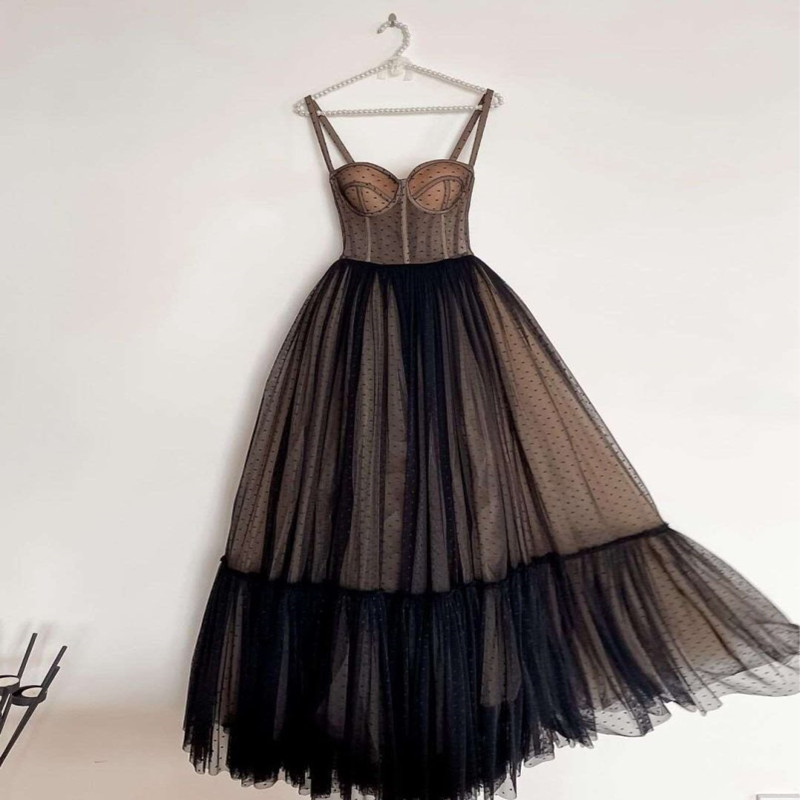 Black Dotted Tulle Prom Dresses Spaghetti Straps Boning A-Line Short Prom Gowns Tea-Length Wedding Party Dresses alx