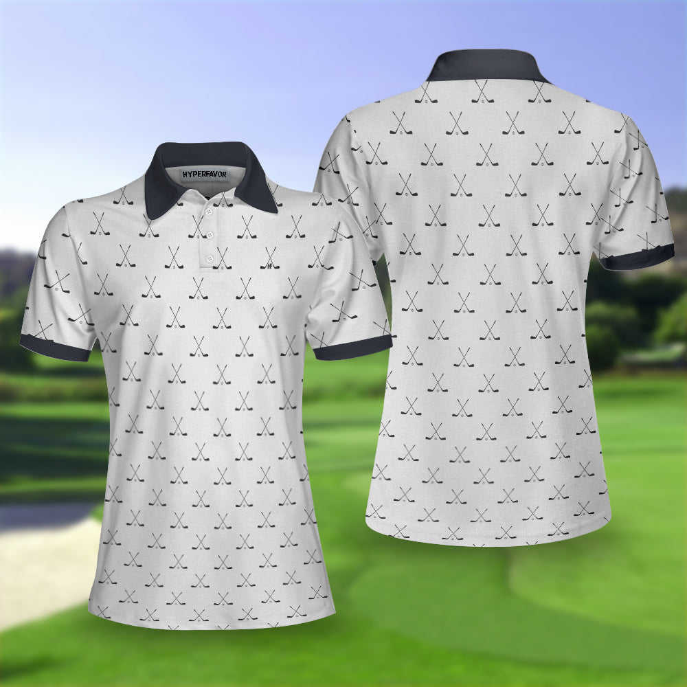 Crossed Golf Clubs Black And White Golf Short Sleeve Women Polo Shirt Coolspod