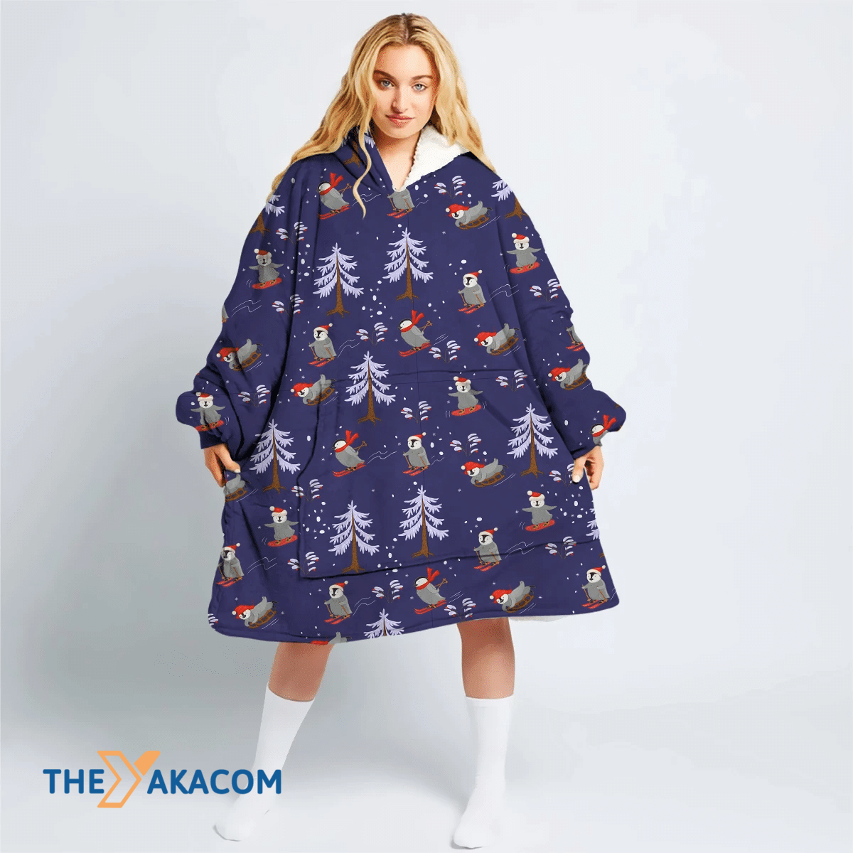 Theme Christmas Happiness Skiers Penguins And Ice Tree Hoodie Blanket