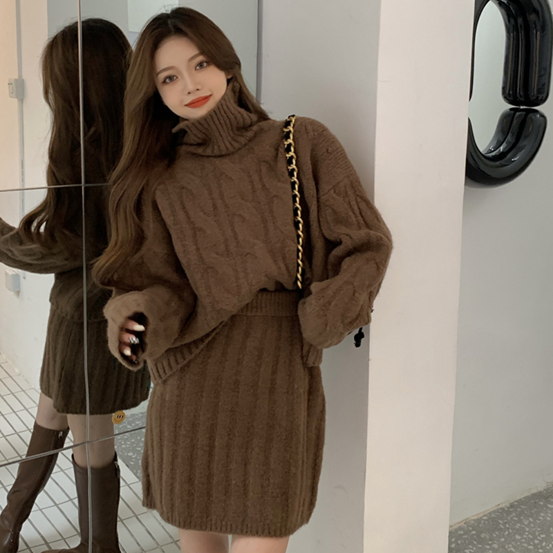 2021 Autumn Winter Women Korean Sweaters Set Long Sleeve Turtleneck Pullovers & High Waist A-Line Mini Knitted Skirts alx