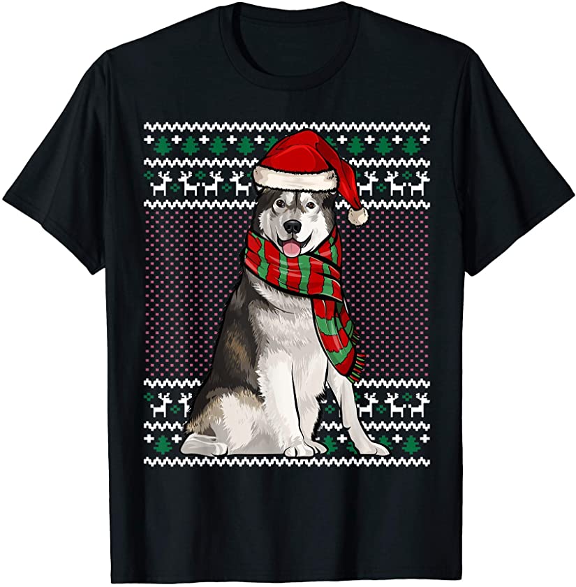 Xmas Alaskan Malamute Dog Santa Hat Ugly Christmas T-Shirt