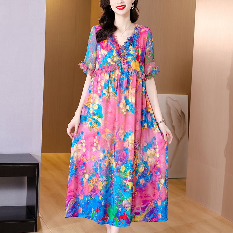 Summer Floral Natural Silk Butterfly Sleeve Midi Dress Women Fashion Light Ruffled V-Neck Beach Dress 2022 Korean Elegant Prom alx