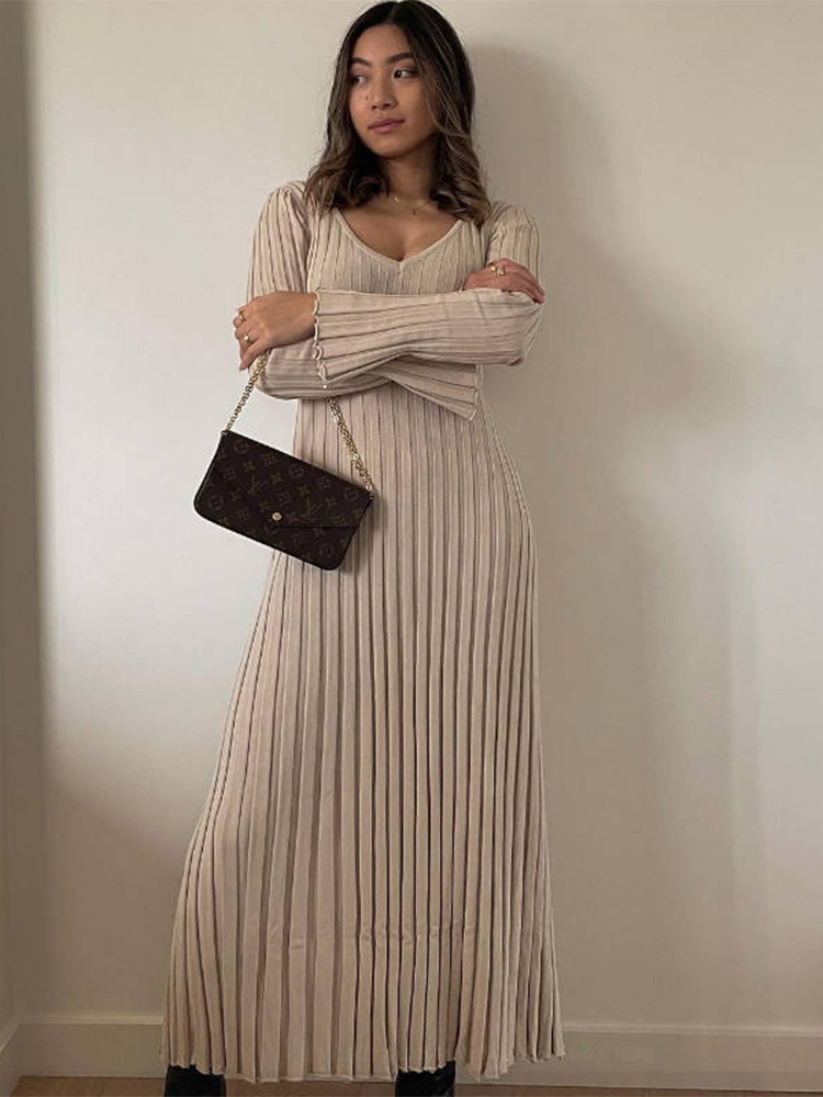 Casual V-neck Women Knitted Maxi Dress Autumn Elegant Ribbed Long Sleeve Bodycon Dress 2022 Ladies Fashion Streetwear Dresses alx