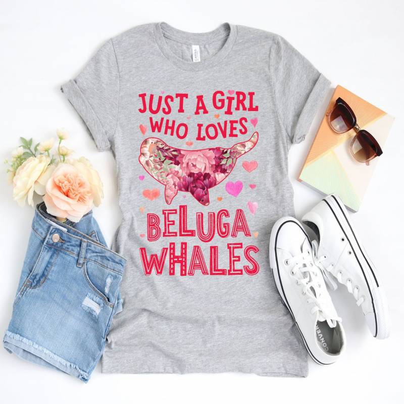 Crushtee Just a Girl Who Loves Beluga Whales Shirt Whale Gifts Flower Shirt Floral Design Whale Lover Sea Animal Tank Top Hoodie Long Sleeve Hoodie