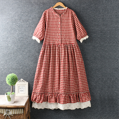 2022 Mori Girl New Summer Sweet Lace round Neck Cotton Linen Plaid Dress Short Sleeve Embroidered Lace Dress Midi Dress alx