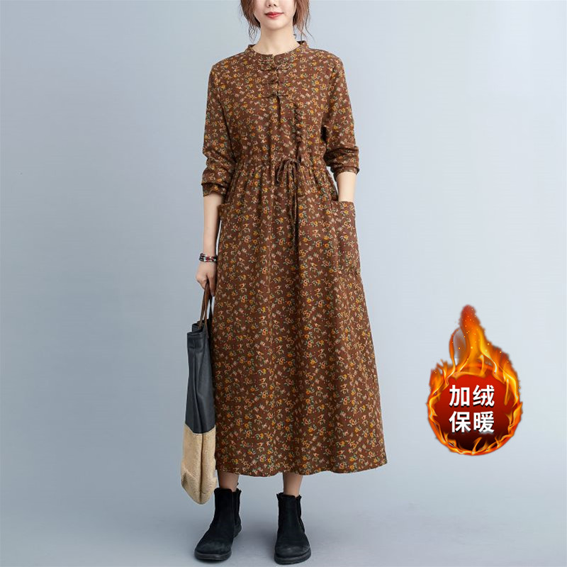 2022 New Cotton Linen Thicken Fleece Warm Long Autumn Winter Dress Print Floral Office Lady Work Dress Women Casual Midi Dress alx