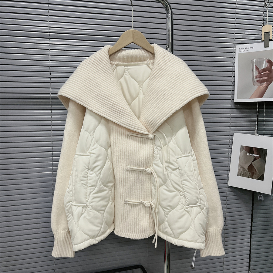 [EWQ] Lapel Sweater Cardigan Jackets Korean Women 2022 New Autumn Winter Loose Long Sleeve Sweet Knitwear Splicing Cotton Coats alx