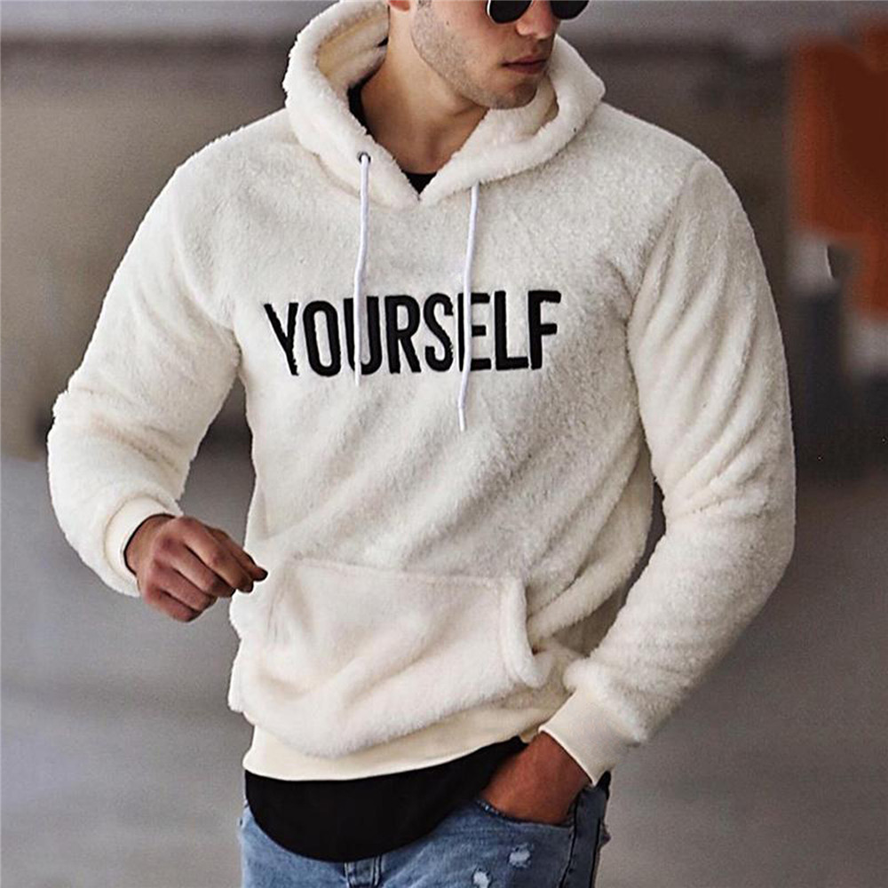 Autumn Winter Men Warm Plush Fleece Hoodie Sweatshirts Casual Long Sleeve Letter Print Hooded Pullover Top With Kangaroo Pocket alx