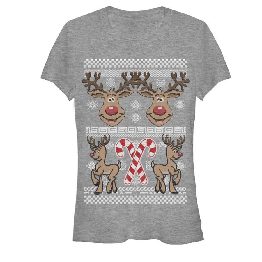 Lost Gods Junior’s Ugly Christmas Rudolph  T Shirt Athletic Heather