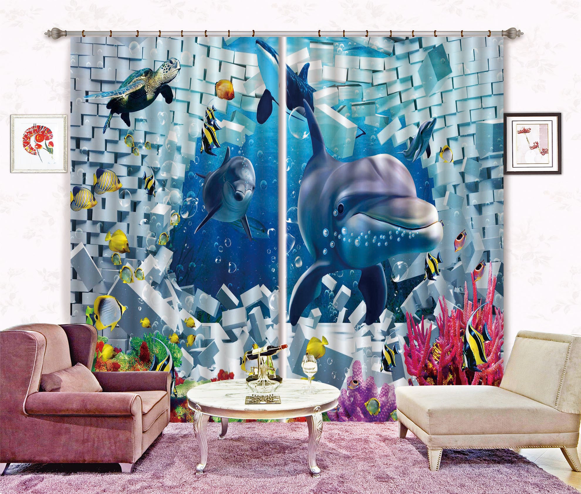 3D Dolphin Turtle Fish Seabed Wall Hole Curtains And Drapes 84